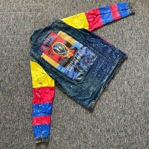 Reason Brand Mens XXL Denim Jacket Melting Smiley Graphic Colorblock Streetwear